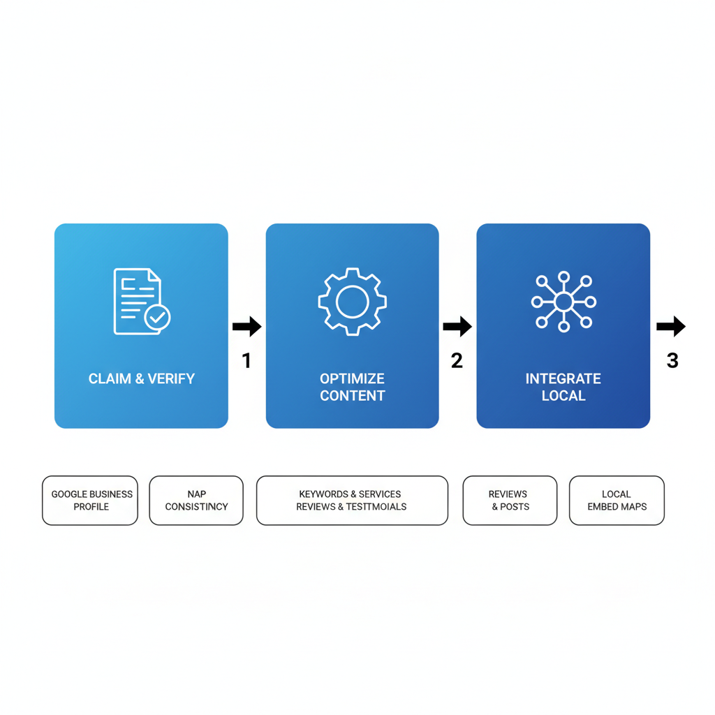 Horizontal process flow diagram illustrating three key steps in Google Maps SEO optimization: claiming and verifying profile, optimizing content and factors, and integrating with local SEO.