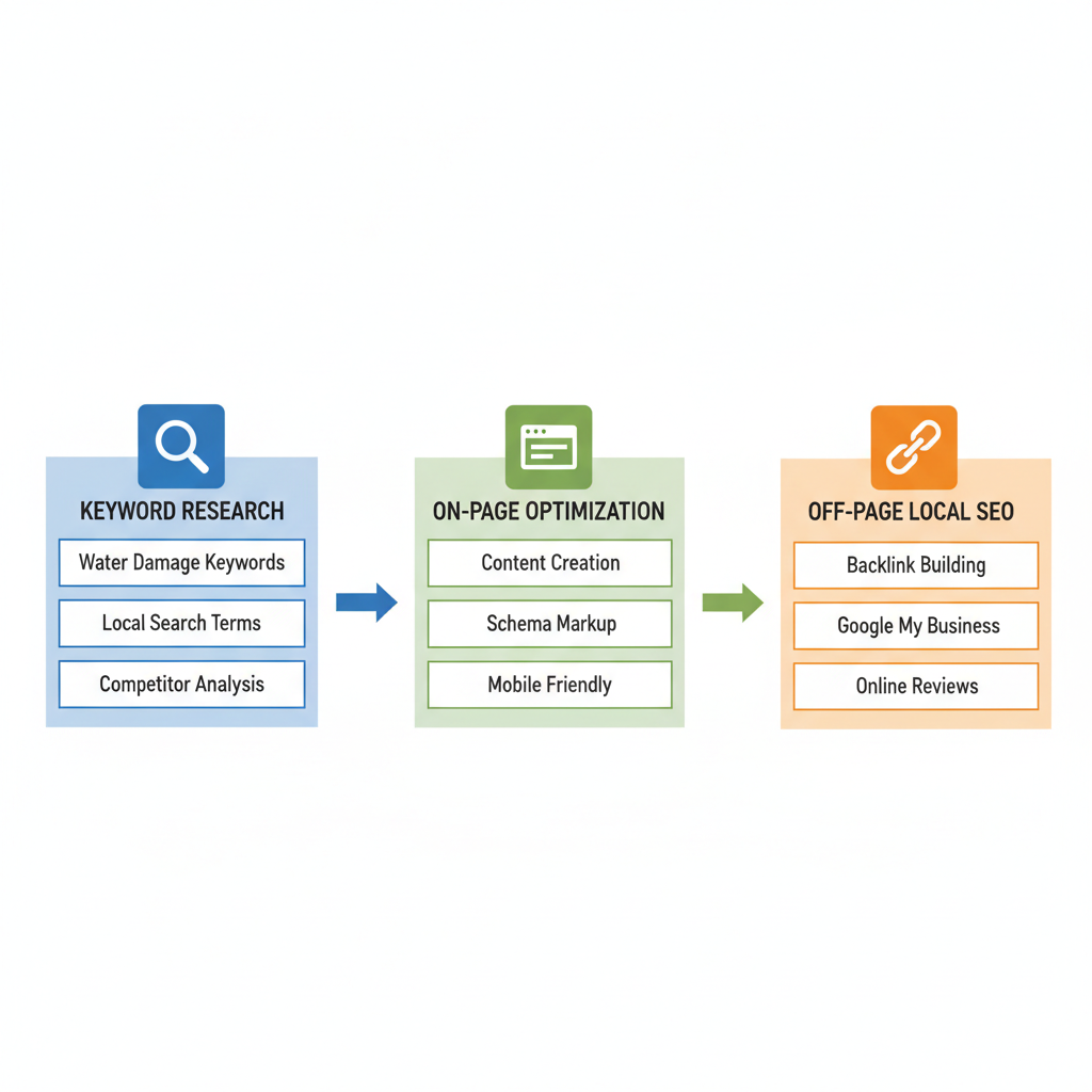 Horizontal process flow diagram showing three steps in water damage SEO: keyword research, on-page optimization, and off-page local SEO with icons and arrows.