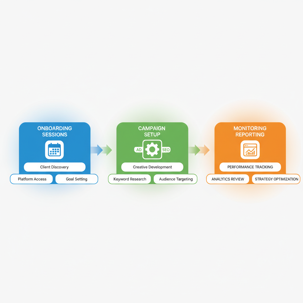 Process flow diagram illustrating three stages of implementing agency services: onboarding sessions, campaign setup and optimization, and monitoring with weekly reporting.