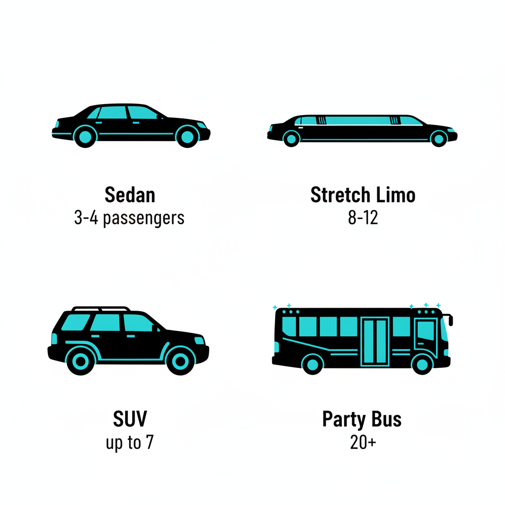 Square grid of icons showing types of limousine rentals in Philadelphia including sedan, stretch limo, SUV, and party bus.
