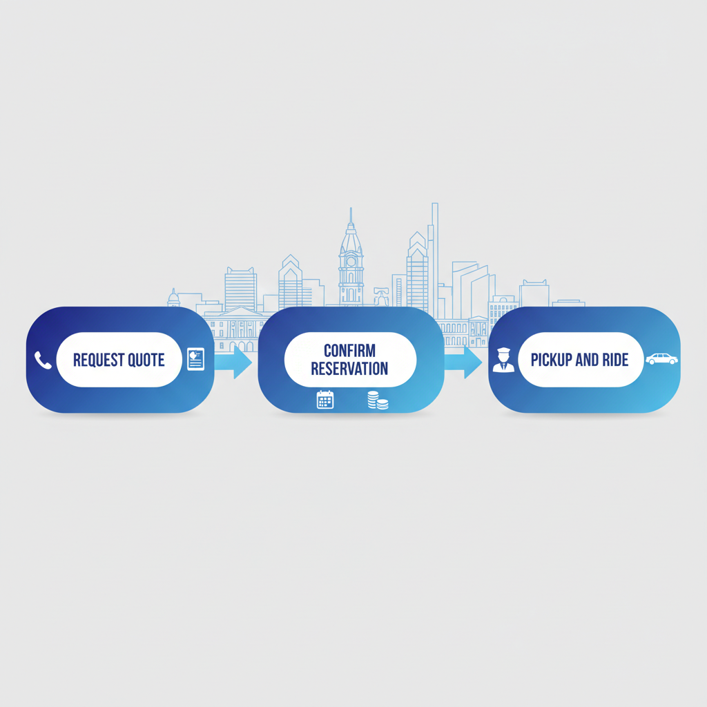 Horizontal process flow diagram illustrating the three-step limousine booking process: request quote, confirm reservation, and pickup and ride in Philadelphia.