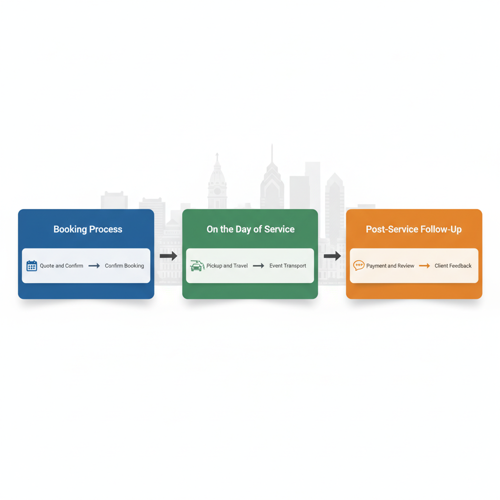 Horizontal process flow diagram illustrating the three main stages of Philadelphia limo service operations: booking, service day, and post-service follow-up.