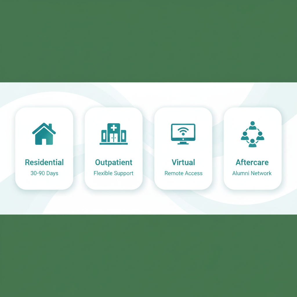 Infographic showing four addiction recovery programs: residential, outpatient, virtual, and aftercare options in St. Catharines.