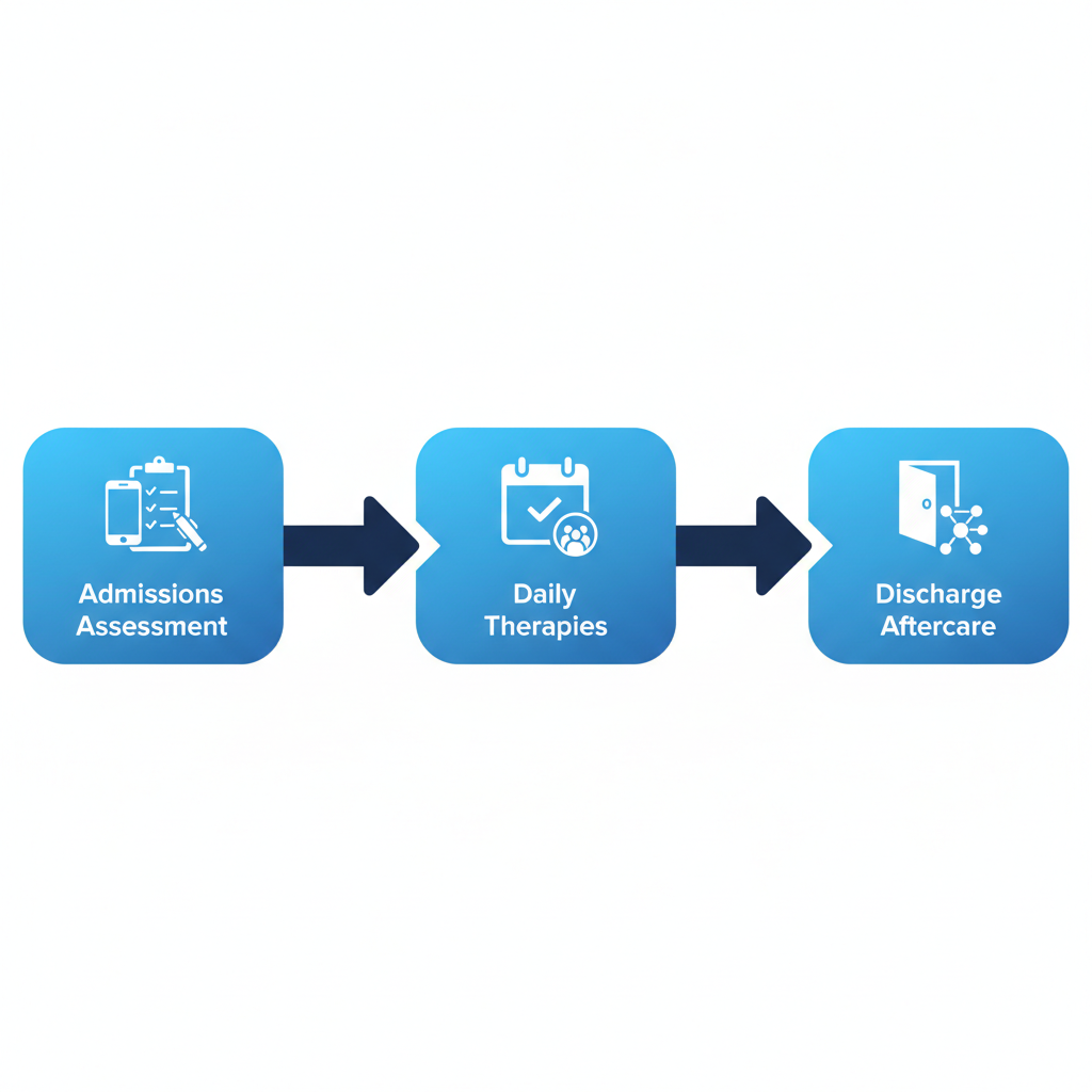 Horizontal process flow diagram illustrating the stages of addiction treatment: admissions assessment, daily structure and therapies, and discharge aftercare.