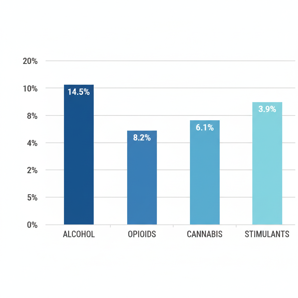 Bar chart showing prevalence of substance use disorders in Ontario by type: alcohol, opioids, cannabis, and stimulants, with percentage labels.