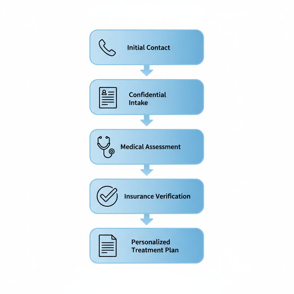 Vertical process flow diagram showing the five stages of admissions and assessment in Ontario drug rehab programs