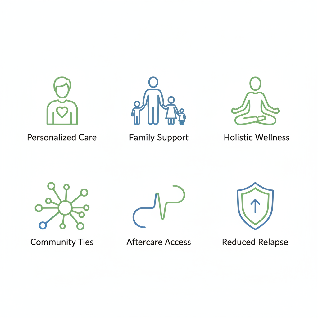 Grid of icons showing benefits of local drug rehab programs including personalized care, family support, and holistic wellness.