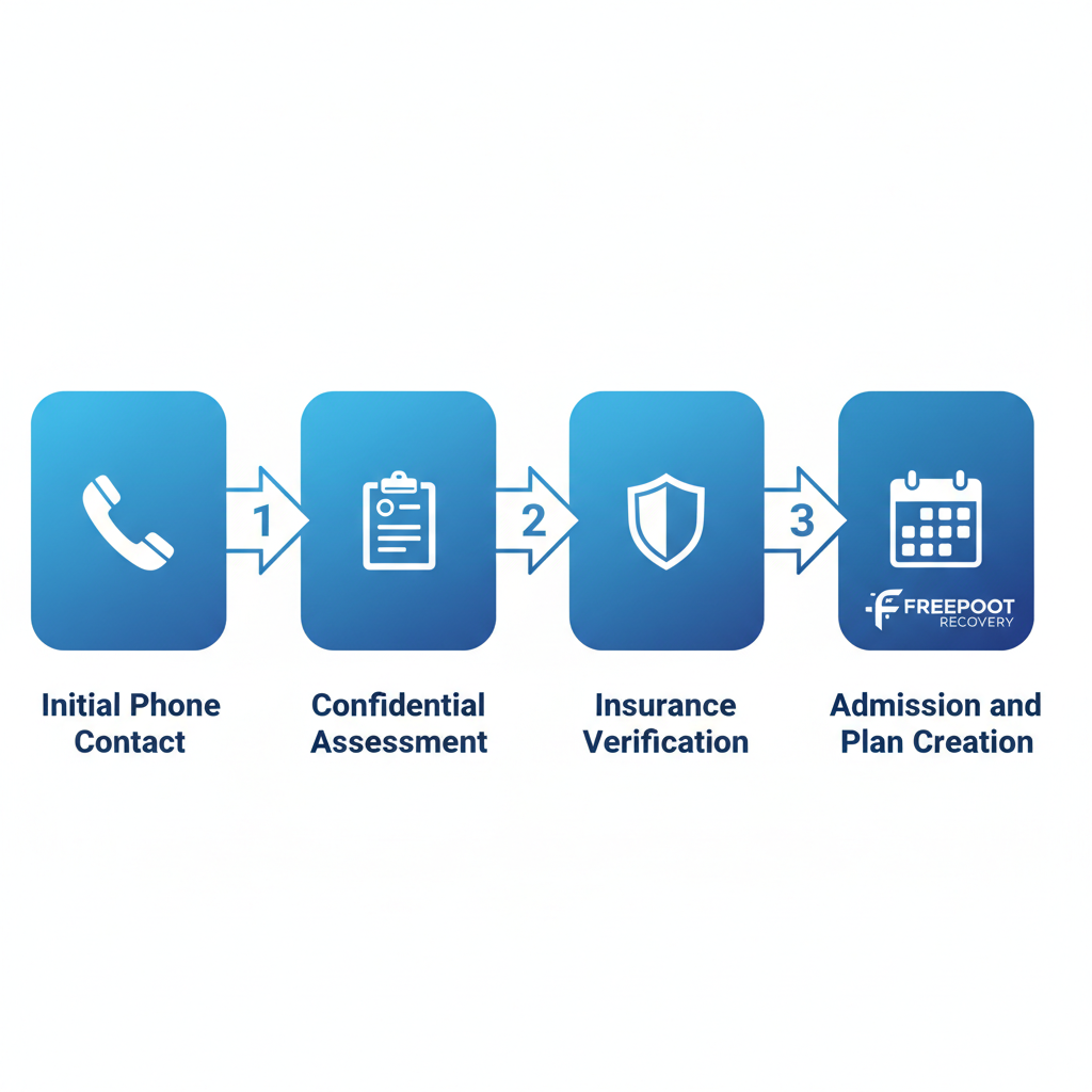 Horizontal process flow diagram showing the four-step admission process for private inpatient mental health treatment: initial phone contact, confidential assessment, insurance verification, and admission with plan creation.