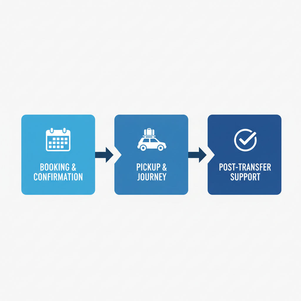 Horizontal process flow diagram showing three steps for Philly airport limo transfers: booking, pickup, and post-transfer support.