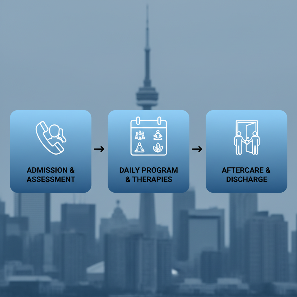 Process flow diagram illustrating three stages of drug rehab in Toronto: admission and assessment with phone icon, daily therapies with calendar icon, and aftercare transition with doorway icon, against a subtle Toronto skyline.