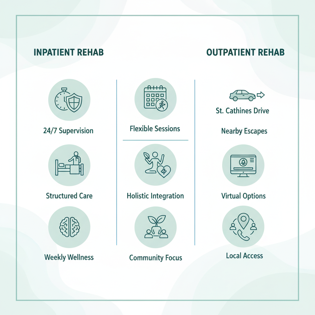 Infographic comparing inpatient and outpatient holistic rehab benefits, including structure, wellness integration, and Toronto-area accessibility with icons and labels.