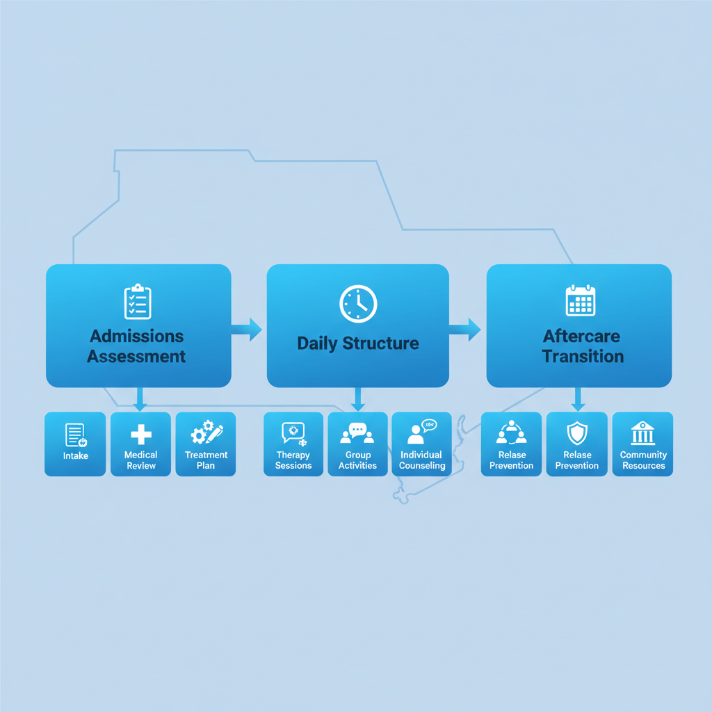 Horizontal process flow diagram illustrating drug rehab stages: admissions assessment with checklist, daily structure with clock, and aftercare transition with calendar.