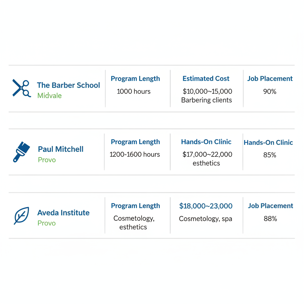 Infographic table comparing top Utah hair schools: The Barber School, Paul Mitchell, and Aveda Institute by location, program length, cost, clinic details, and job placement.