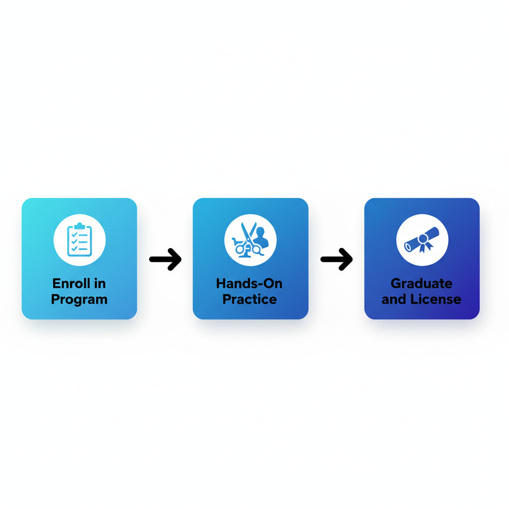 Horizontal process flow diagram illustrating three stages of barber school training: enrollment, hands-on practice, and licensing graduation.