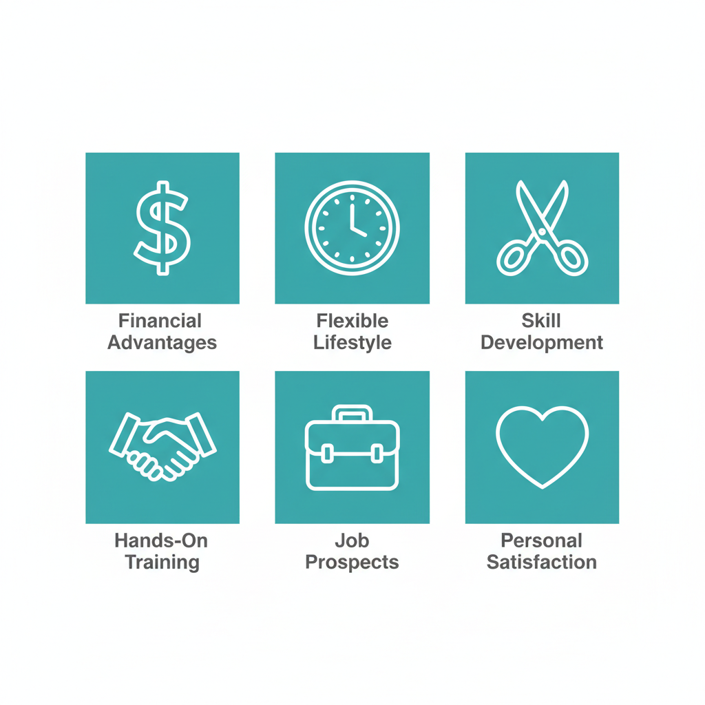 Grid of icons showing benefits of switching to a barbering career: financial, flexible, skills, training, jobs, satisfaction.