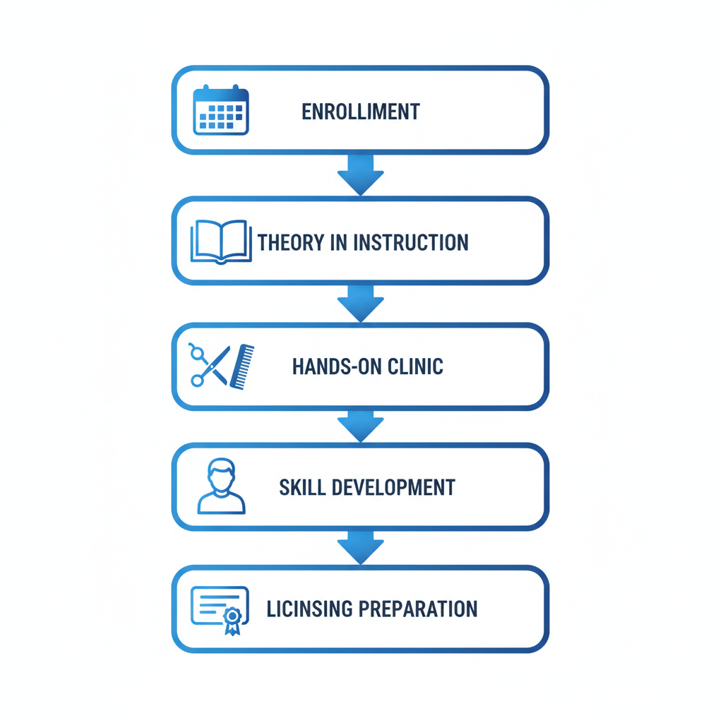 Vertical process flow illustrating five stages of barber training: enrollment, theory instruction, hands-on clinic, skill development in student barbershop, and licensing preparation with relevant icons.