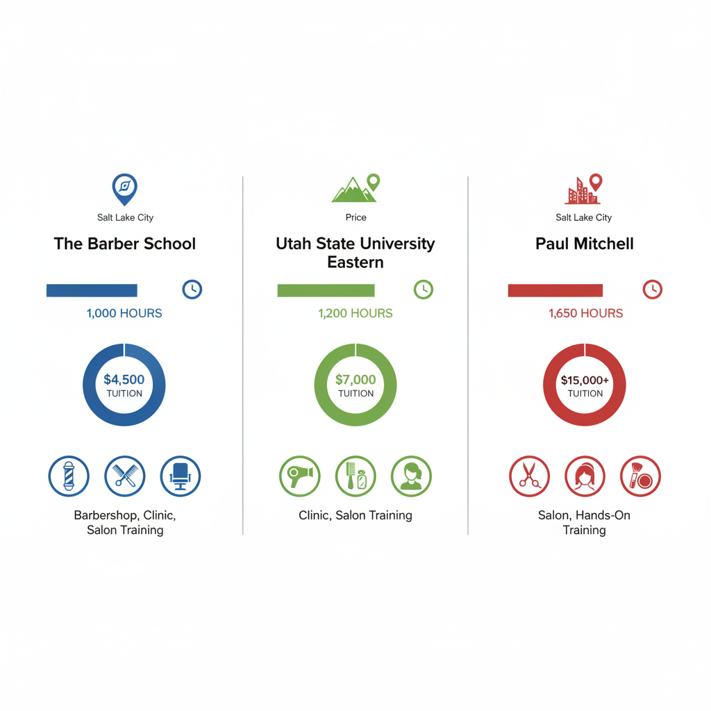 Infographic comparing The Barber School, Utah State University Eastern, and Paul Mitchell with icons for locations, program lengths, tuition, and hands-on training.