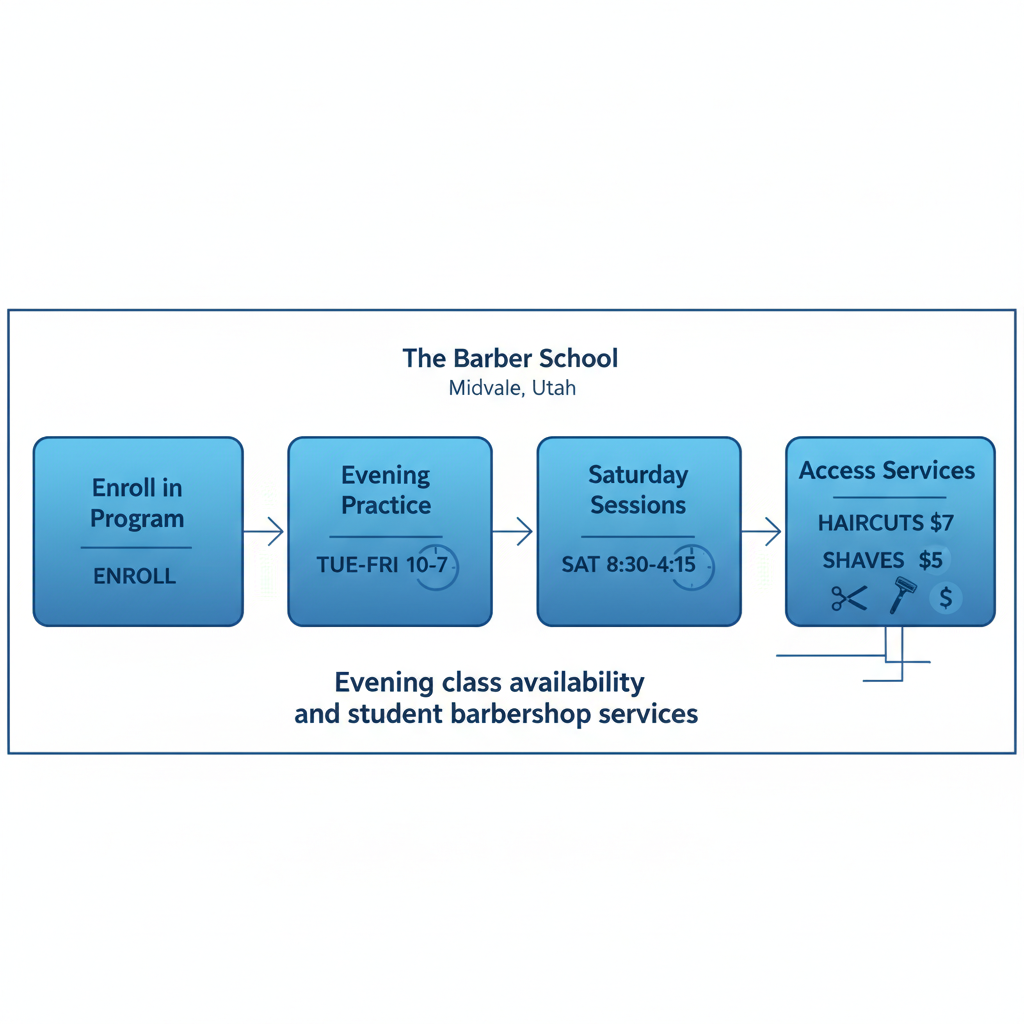 Horizontal process flow diagram showing enrollment, evening and Saturday class schedules, and barbershop services for night students at The Barber School.