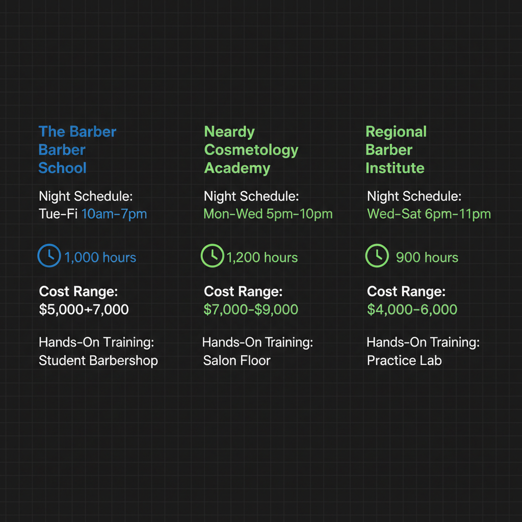 Infographic comparing key metrics of night barbering education programs in Midvale, including schedules, durations, costs, and training types across three institutions.