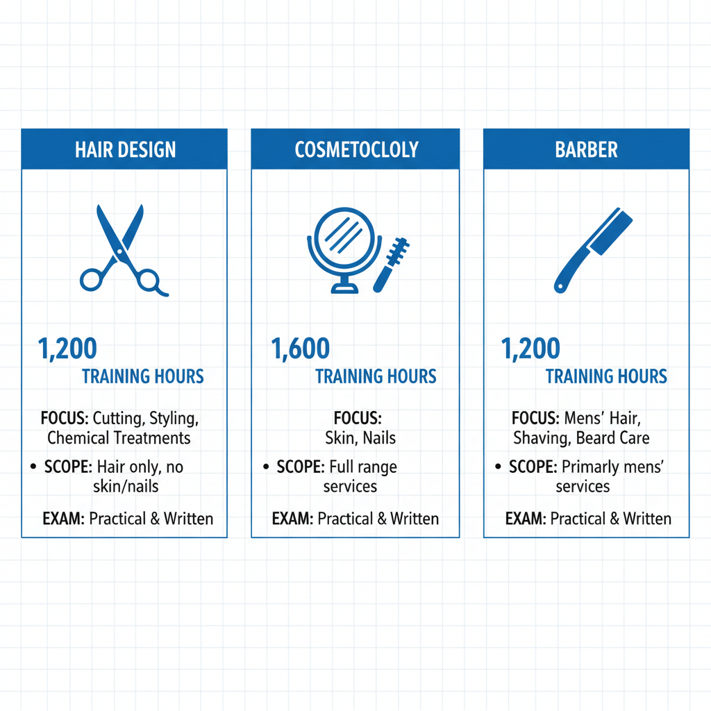 Infographic comparing Utah licensing requirements for hair design, cosmetology, and barber professions with icons, hours, and scope details.