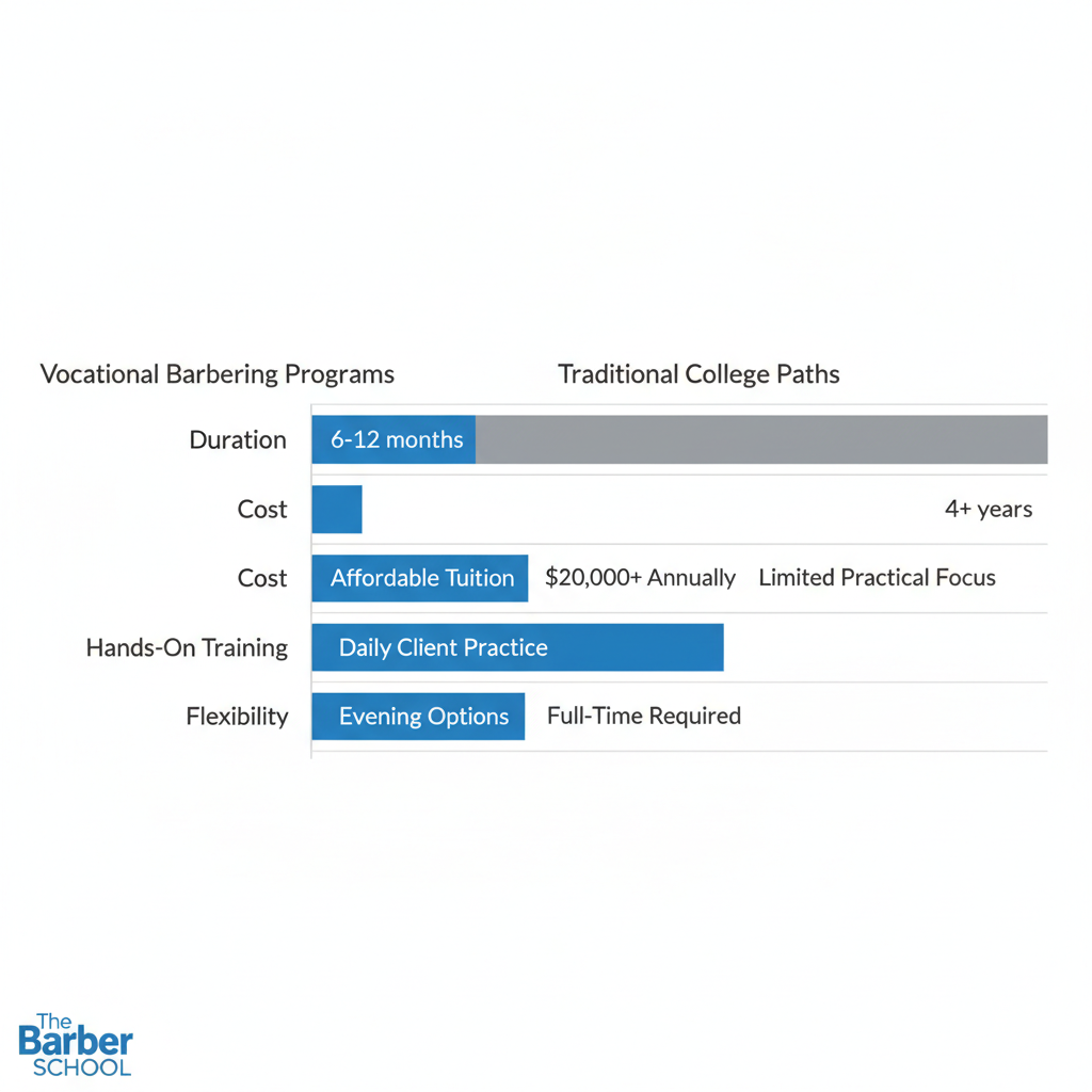 Horizontal bar chart comparing vocational barbering and traditional college for adults, showing differences in duration, cost, hands-on training, and flexibility.