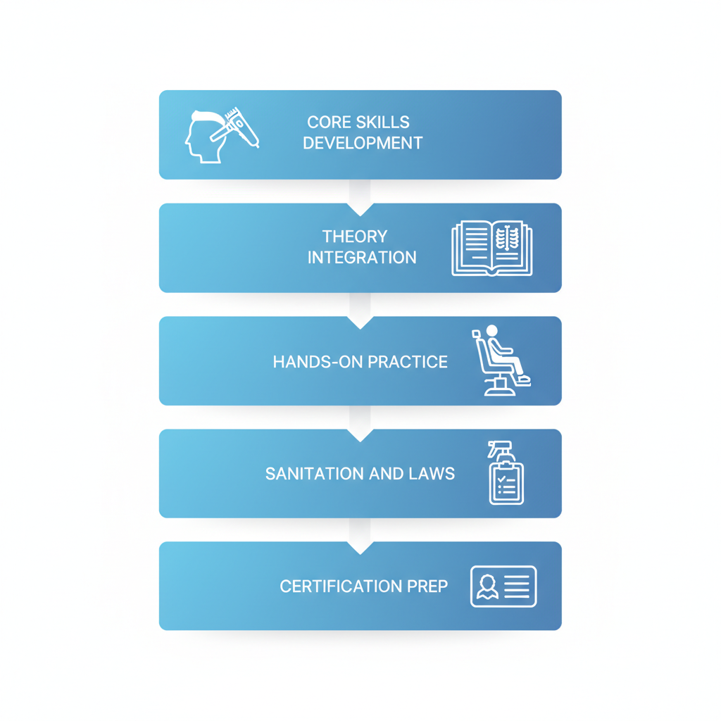 Vertical process flow diagram showing five stages of barber training techniques: core skills, theory integration, hands-on practice, sanitation and laws, certification prep with relevant icons.