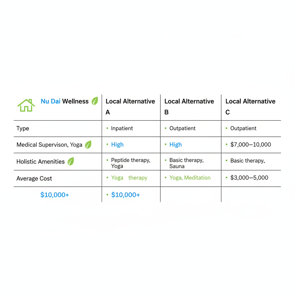 Infographic comparing alcohol detox centers in Mission Viejo by type, supervision, amenities, and cost