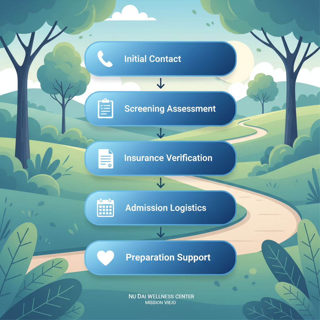 Vertical process flow illustrating five steps to begin alcohol detox journey with icons and brief labels