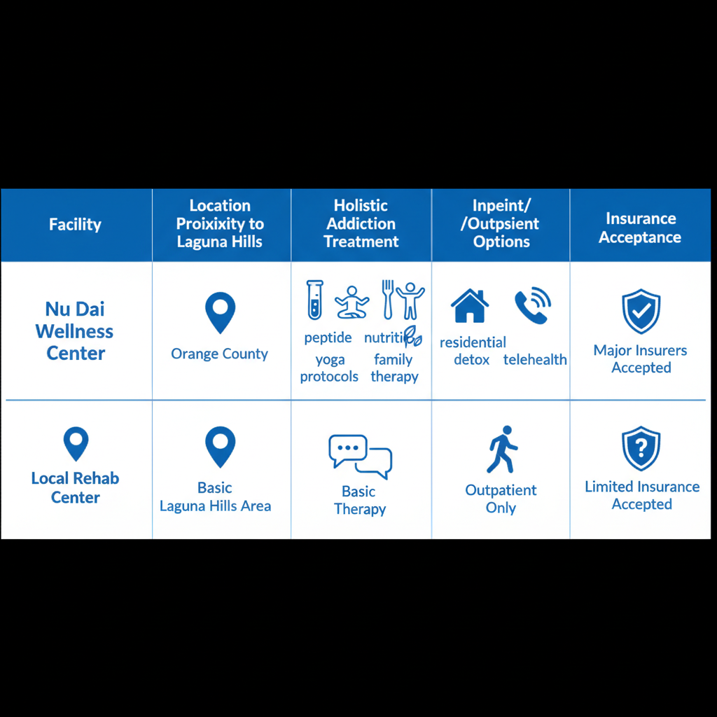 Infographic comparing rehab facilities near Laguna Hills, highlighting Nu Dai Wellness Center features