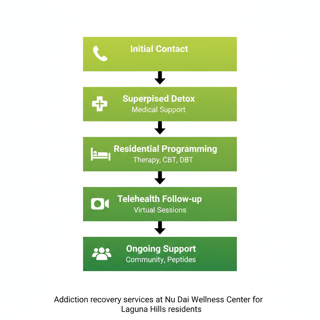 Process flow diagram of five key stages in addiction recovery services at Nu Dai Wellness Center, including initial contact, detox, residential programming, telehealth follow-up, and ongoing support.