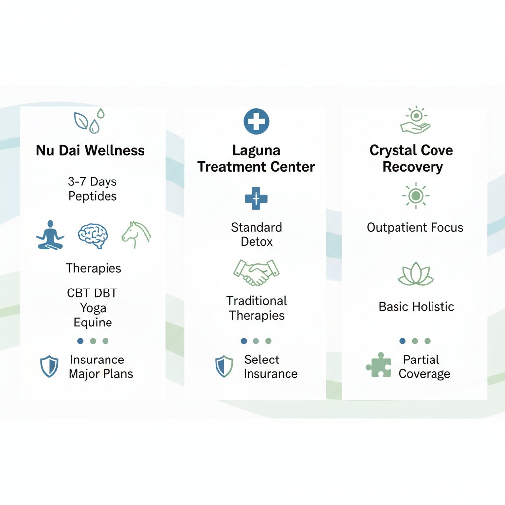 Infographic comparing Nu Dai Wellness, Laguna Treatment Center, and Crystal Cove Recovery rehab services in Laguna Beach.