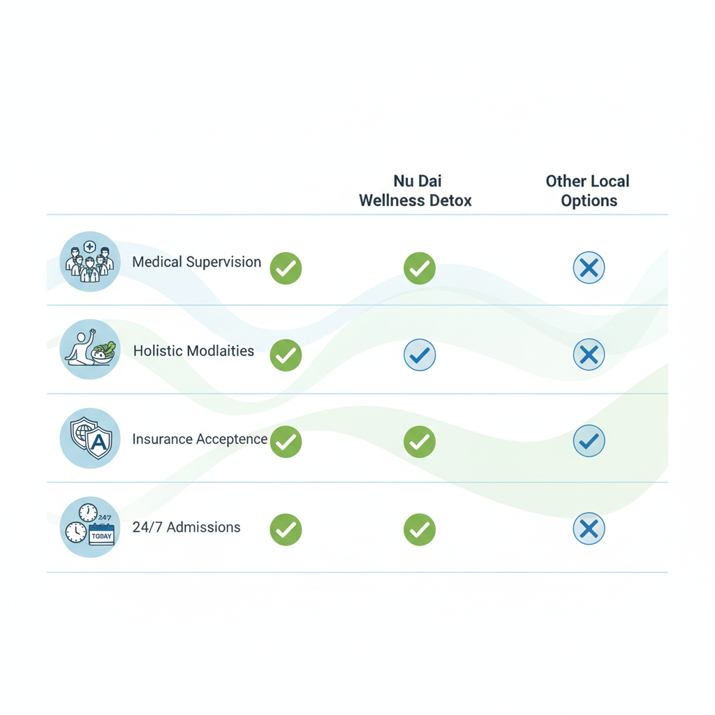 Infographic comparing top detox centers in Laguna Beach, showing medical supervision, holistic modalities, insurance acceptance, and admissions with icons.