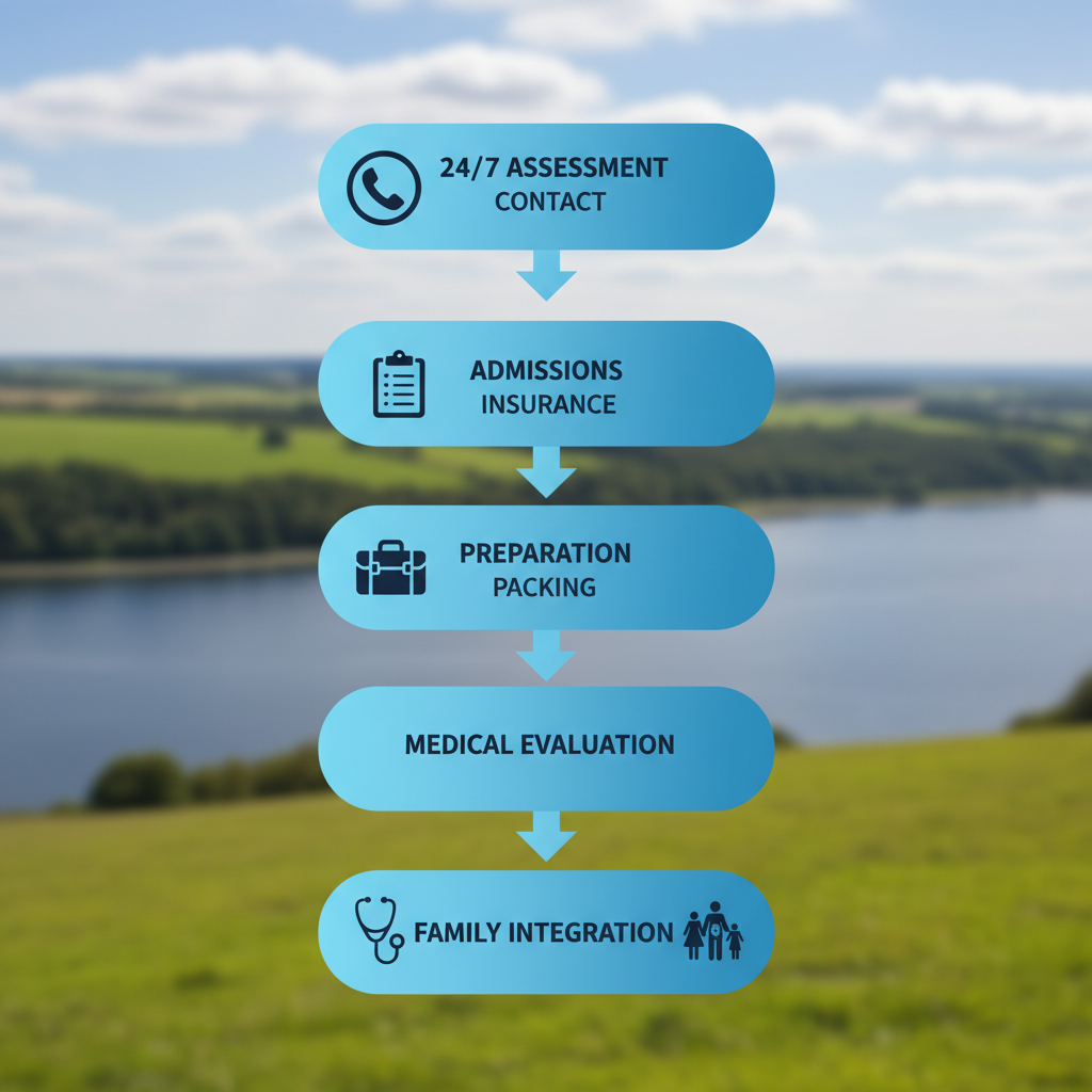 Vertical process flow diagram illustrating five steps to start recovery at Nu Dai Wellness Center: assessment contact, admissions, preparation, medical evaluation, and family integration.
