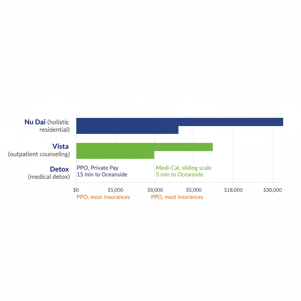Horizontal bar chart comparing costs and features of three addiction treatment centers in Oceanside, California.