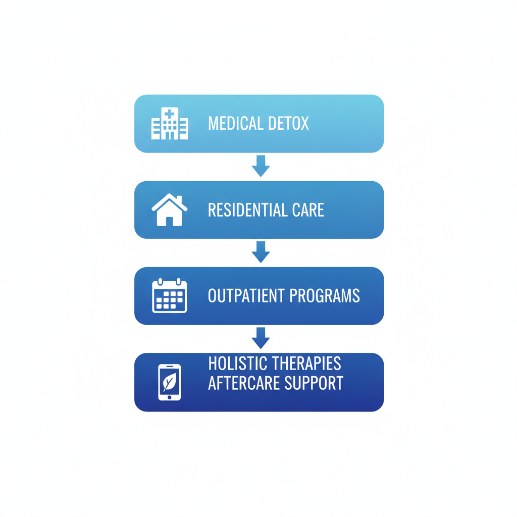 Vertical process flow diagram showing five stages of addiction recovery services in Oceanside: medical detox, residential care, outpatient programs, holistic therapies, and aftercare support.