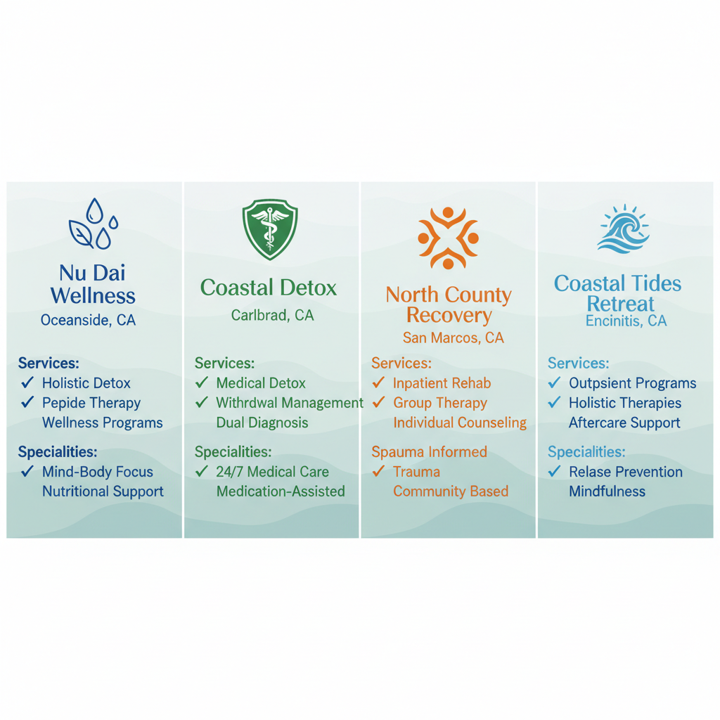Infographic comparing rehab centers near Oceanside with icons and bullet points for services