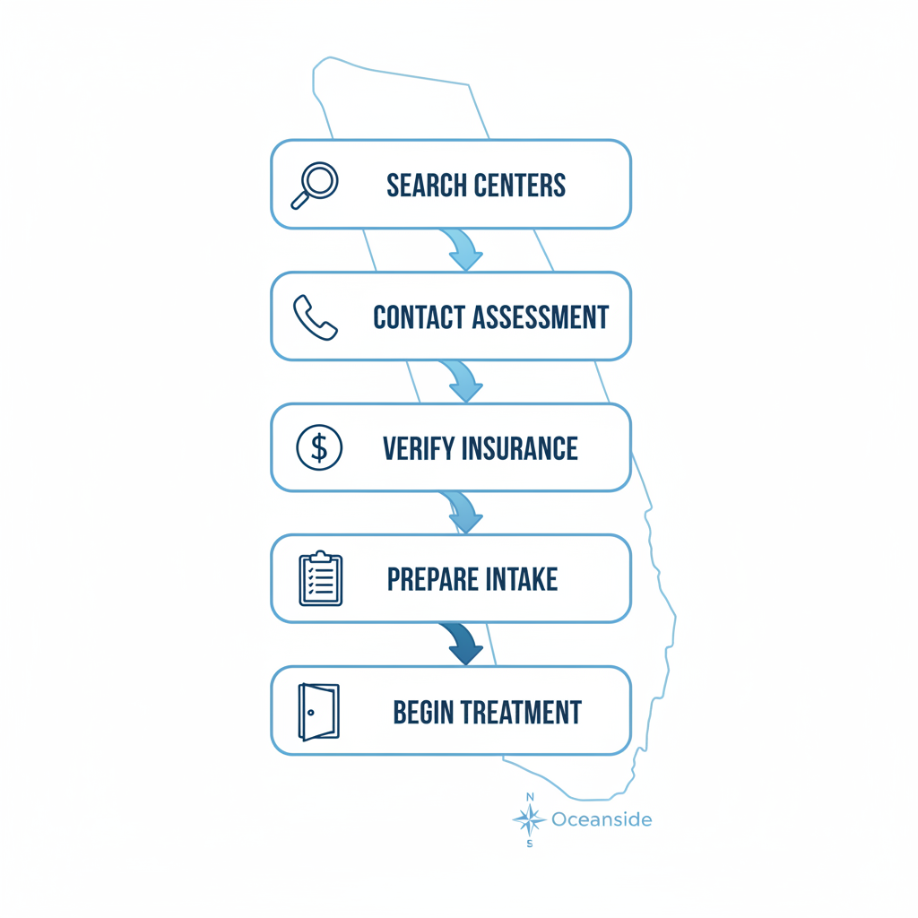 Vertical process flow diagram illustrating five steps to initiate rehab treatment in Oceanside, featuring icons for each stage.