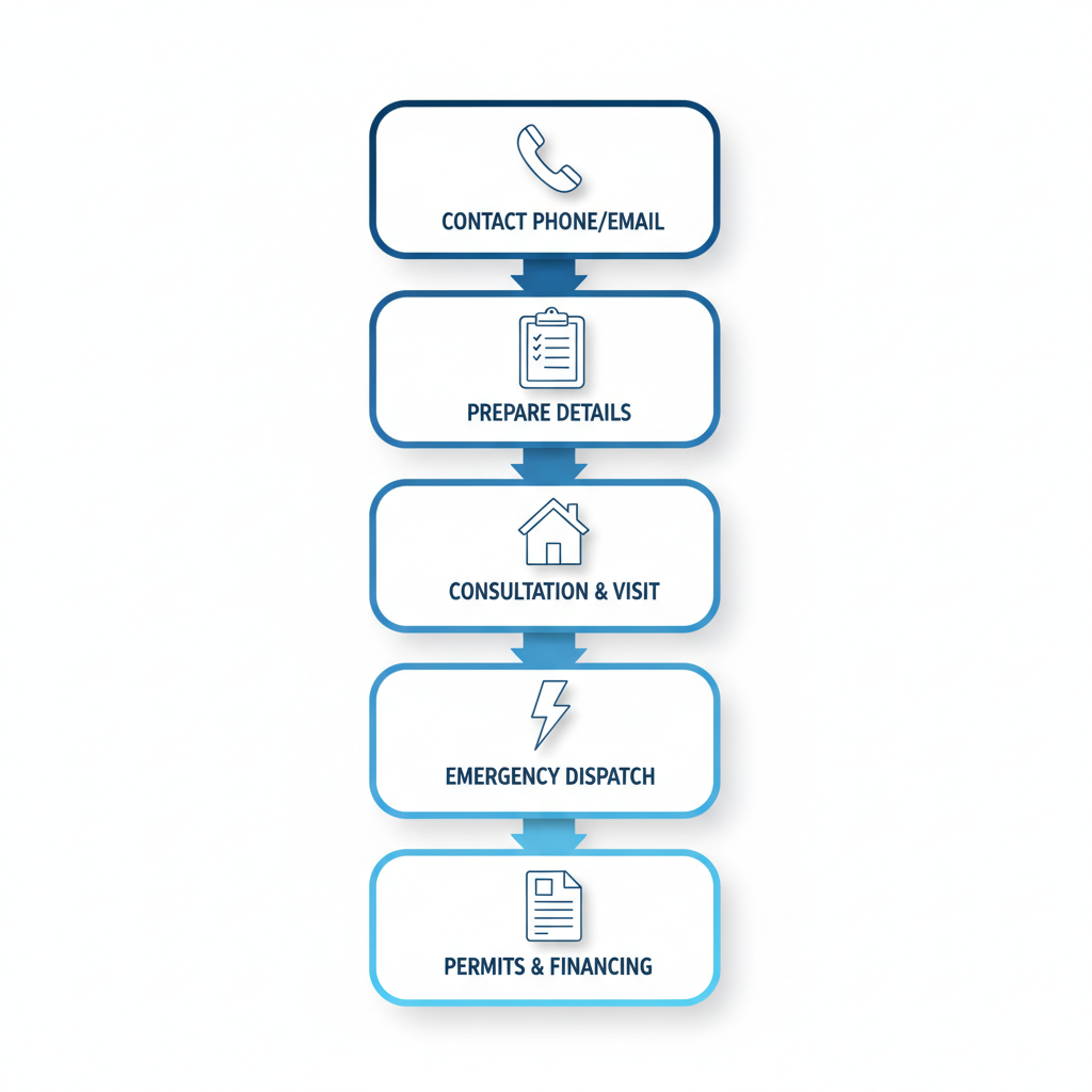 Vertical process flow diagram illustrating five steps to begin an electrical project in Cape Cod: contact, prepare details, consultation and site visit, emergency dispatch, and follow-up with permits and financing.