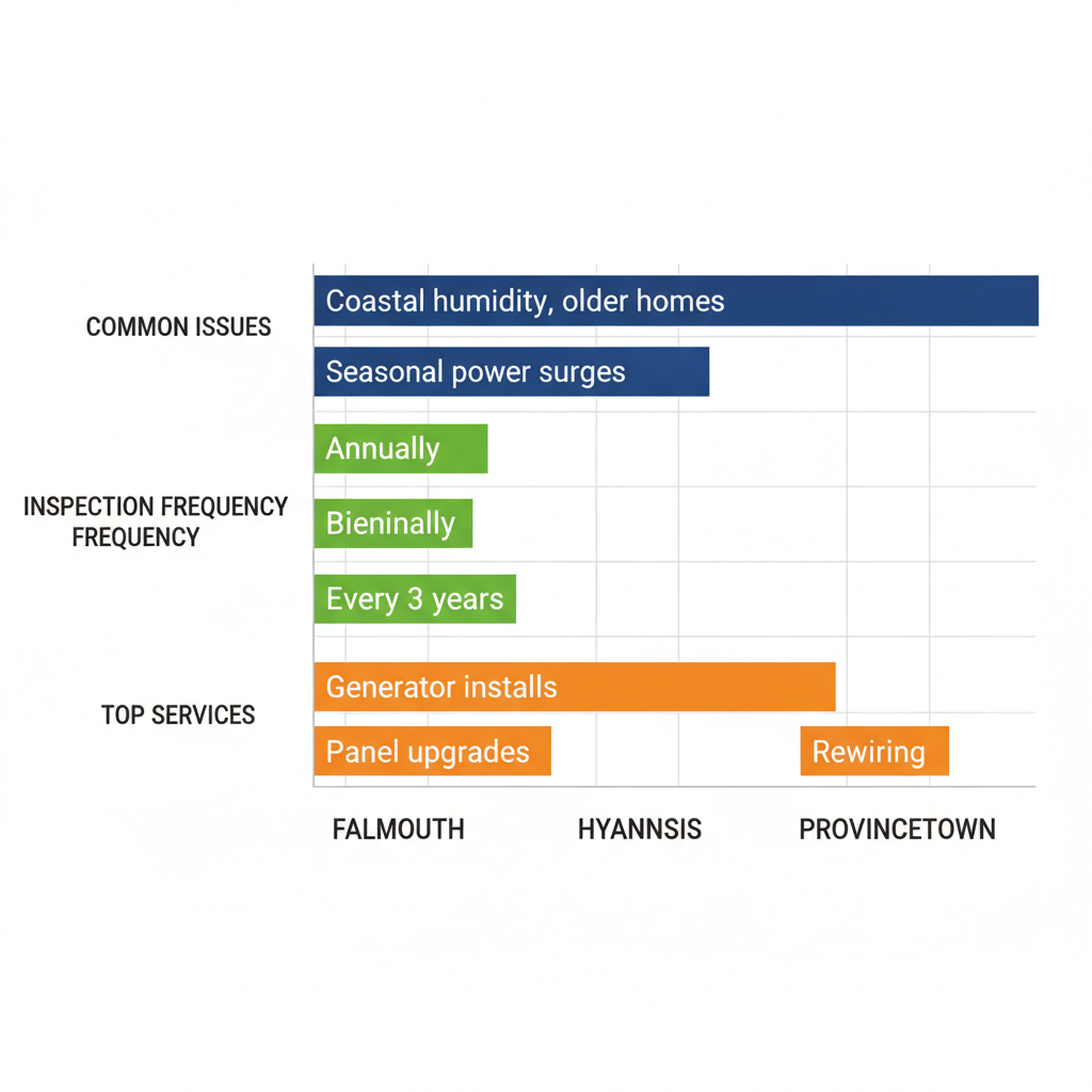 Horizontal bar chart comparing electrical challenges, inspection frequencies, and services in Falmouth, Hyannis, and Provincetown, Cape Cod.