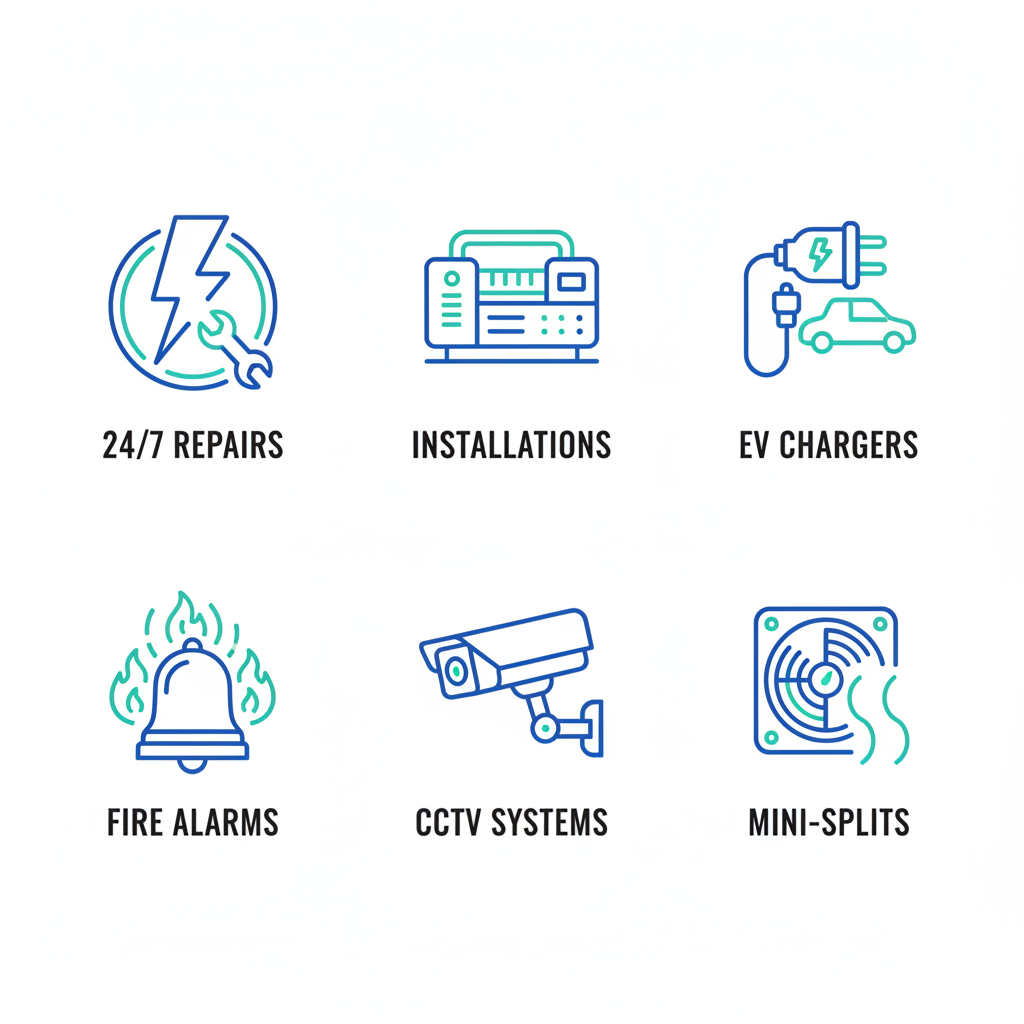 Grid of icons showing electrical services including emergency repairs, generator installations, EV chargers, fire alarms, CCTV, and ductless mini-splits.