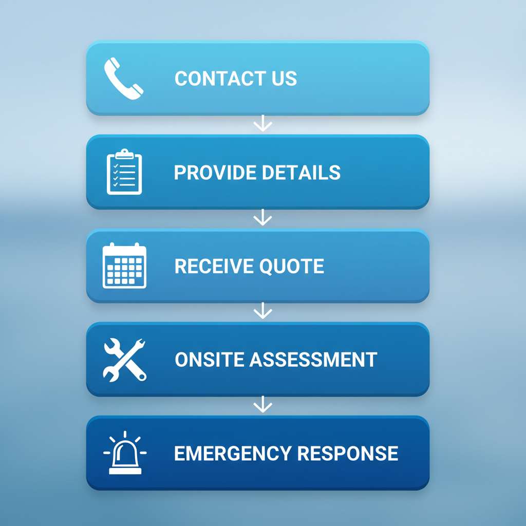 Vertical process flow illustration of five steps to start an electrical project on Cape Cod: contact, details, quote, assessment, emergency.