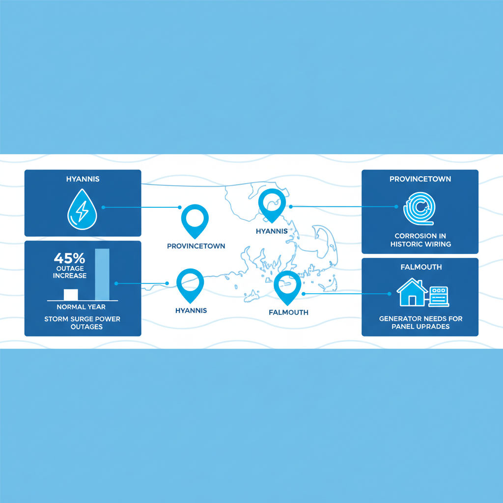 Infographic showing electrical challenges in Cape Cod towns: Hyannis storm surges, Provincetown wiring corrosion, Falmouth generator needs.