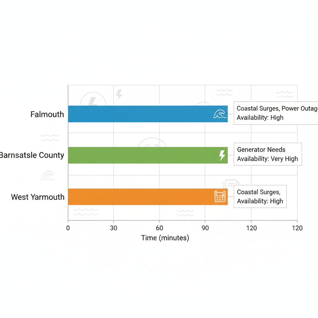 Horizontal bar chart comparing electrical service response times in Falmouth, Barnstable County, and West Yarmouth with minimal labels and coastal icons.