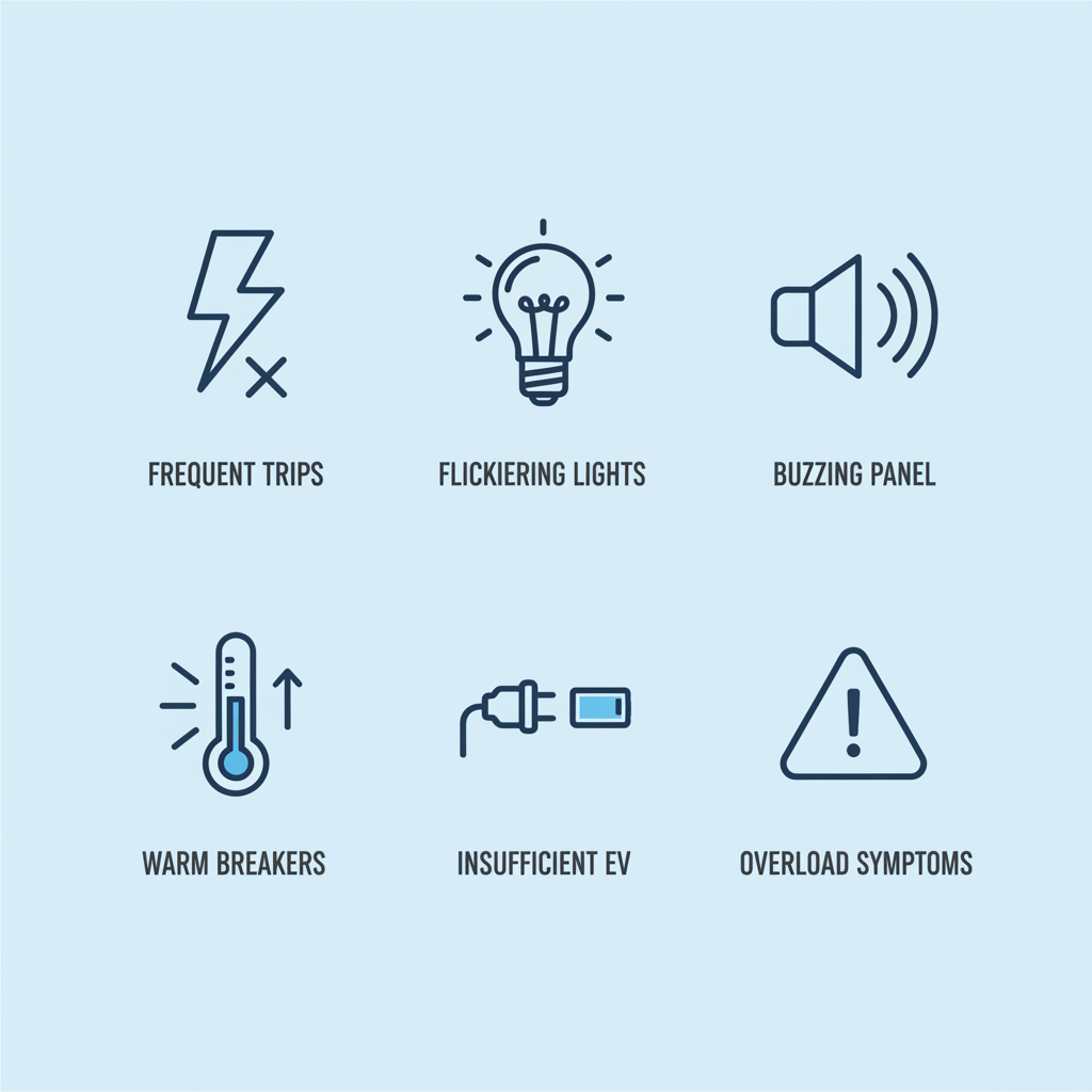 Grid of icons showing signs of electrical issues like breaker trips and flickering lights in homes