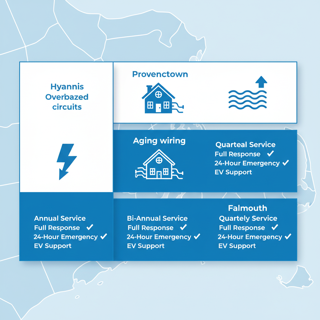 Infographic illustrating electrical service needs and frequencies in Hyannis, Provincetown, and Falmouth areas of Cape Cod with icons and checkmarks for Hilliard coverage.