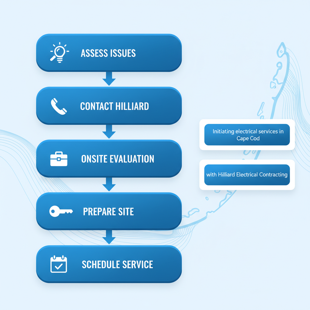 Vertical process flow diagram showing five steps to get started with electrical services in Cape Cod