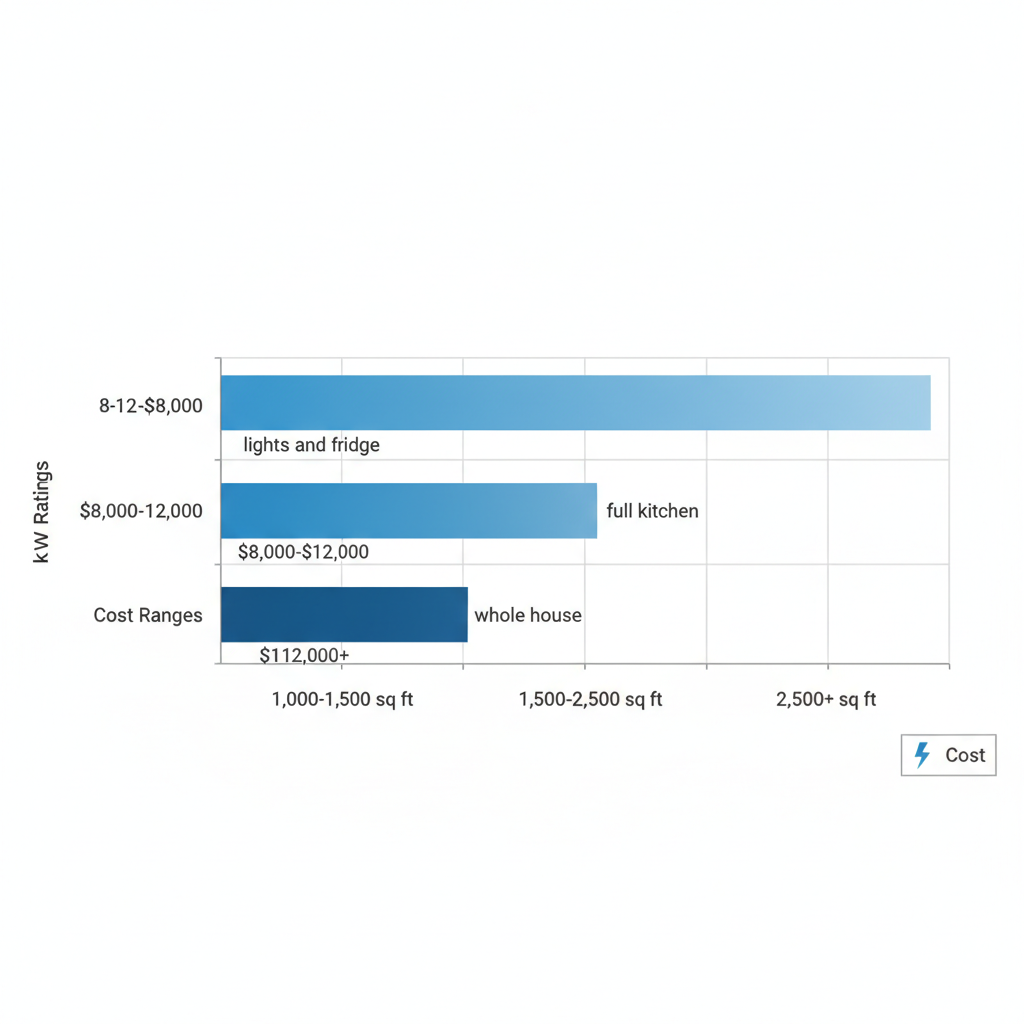 Horizontal bar chart illustrating generator kW ratings and cost ranges for different home sizes in Cape Cod.