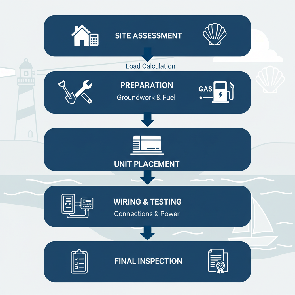 Vertical process flow diagram illustrating five key stages of standby generator installation: site assessment, preparation, unit placement, wiring and testing, final inspection, with icons and arrows on a subtle coastal background
