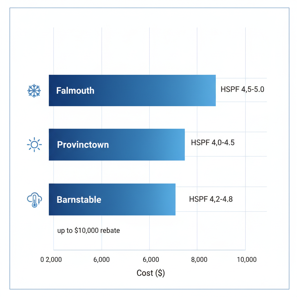 Bar chart comparing heat pump installation costs and efficiency across Cape Cod areas: Falmouth, Provincetown, and Barnstable with rebate information.