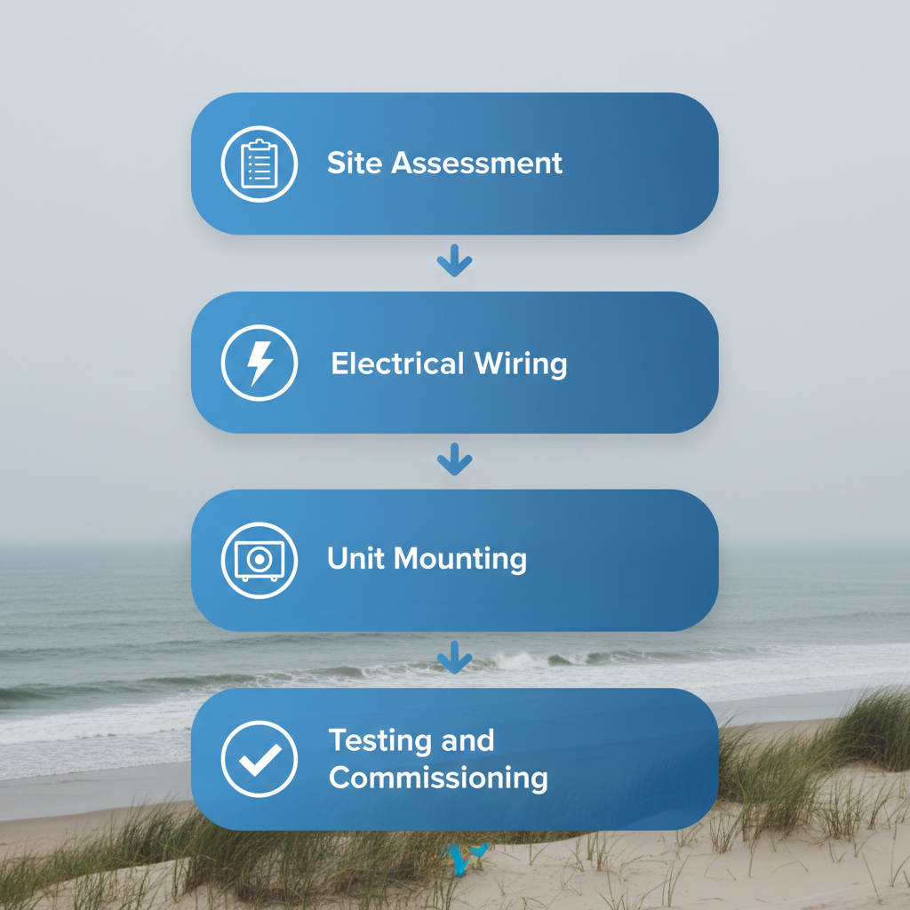Vertical process flow diagram of heat pump installation steps for Cape Cod homes, featuring four stages with icons and labels.